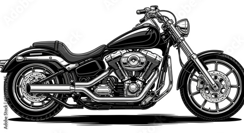 Classic Cruiser Motorcycle Vector Illustration. Detailed Side View of Vintage Chopper Bike with V-Twin Engine, Chrome Parts, and Black Paint Isolated on White.