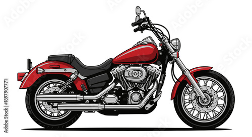 Detailed Red Classic Cruiser Motorcycle Vector Illustration. Vintage American V-Twin Chopper Bike Graphic Isolated on White Background.