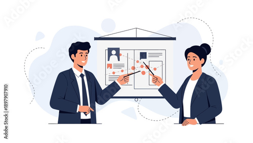 Business presentation: two professionals explaining charts on a whiteboard