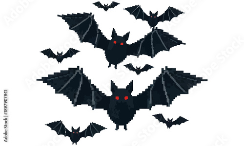Set of Dark Flying Bat Vector Illustrations with Various Wing Spans for Halloween Decoration Spooky Night Theme Vampire Elements and Wildlife Silhouette Icons