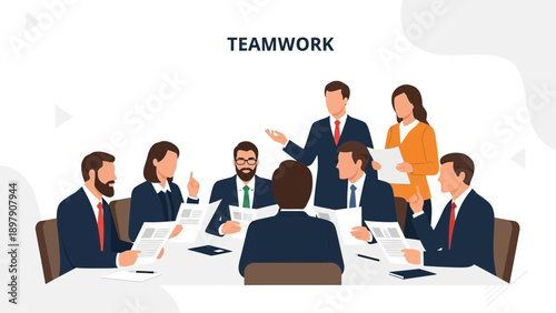 Diverse business team collaborating in a modern meeting room, discussing project strategy