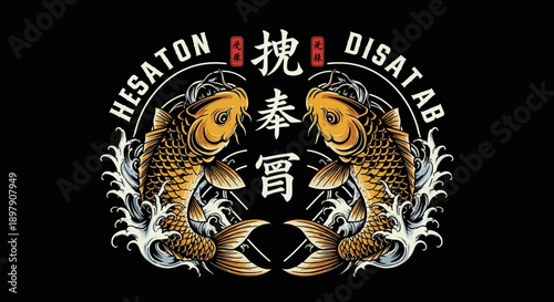 Golden Japanese Koi Fish Emblem Vector. Symmetrical Waving Carp Illustration for Tattoo, Logo, and T-Shirt Design with Kanji Text.