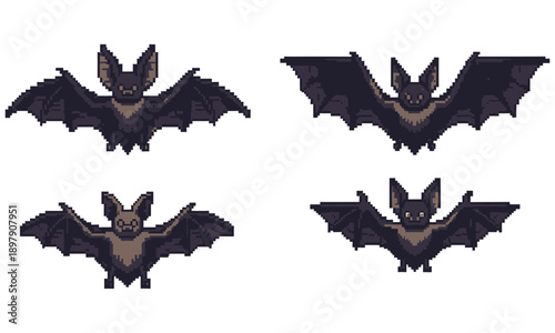 Set of Dark Flying Bat Vector Illustrations with Various Wing Spans for Halloween Decoration Spooky Night Theme Vampire Elements and Wildlife Silhouette Icons