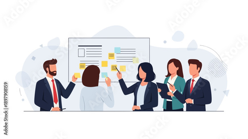 Business People Collaborating on Project Strategy at Whiteboard