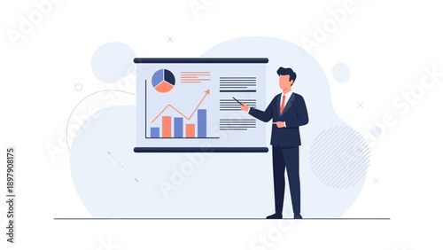 Businessman presenting financial report with charts on a whiteboard, business meeting