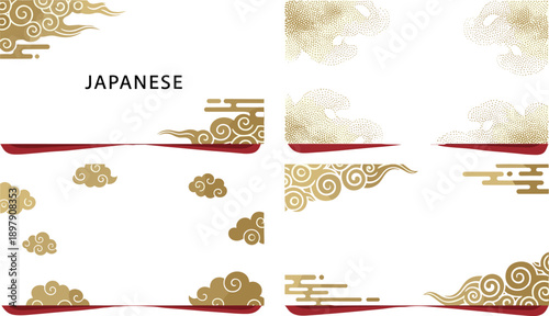 Japanese traditional cloud patterns set, gold oriental wave elements vector illustration, decorative asian clouds collection for greeting cards and luxury stationary design