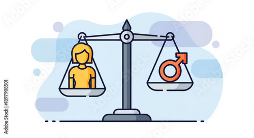 Gender equality concept with balance scale showing female and male symbols in equilibrium promoting fairness and justice in society