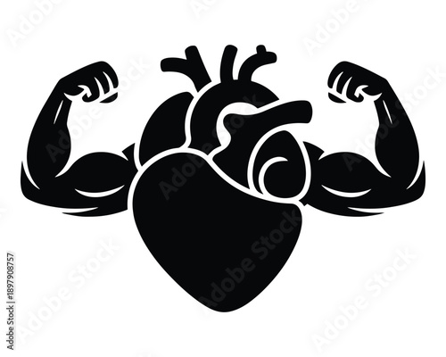 Stylized anatomical heart with muscular arms flexing, symbolizing strength, health, and vitality of the heart.
