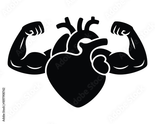 Stylized anatomical heart with muscular arms flexing, symbolizing strength, health, and vitality of the heart.