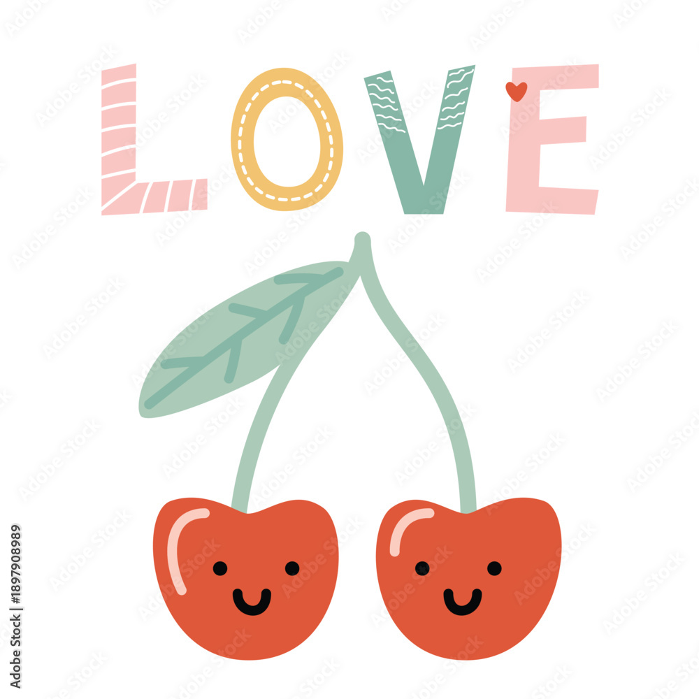 Fototapeta premium Love typography illustration, cute cherry characters, playful design 