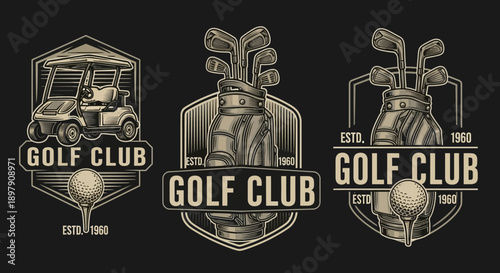 Vintage Golf Club Logos Set. Retro Monochrome Badges with Golf Cart, Bag of Clubs, and Ball on Tee.