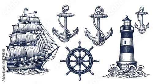 Vintage Nautical Set: Tall Sailing Ship, Lighthouse, Anchor, and Ship Wheel in Detailed Woodcut Engraving Style.