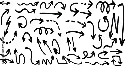 Hand drawn black doodle arrows pointing in multiple directions isolated on transparent background