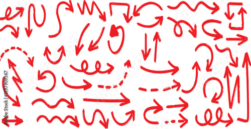 Handwritten numbers and math symbols doodles set in red ink isolated on transparent background