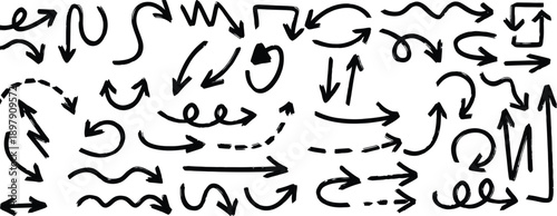 Handwritten numbers 0 to 9 with arrows and scribbles doodle set isolated on transparent background