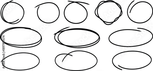 Set of nine hand-drawn black oval shapes and circles sketch outlines isolated on transparent background