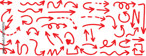 Handwritten motivational words and doodles collection in red ink isolated on transparent background