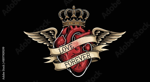 Traditional Tattoo Style Human Heart with Crown, Wings, and "Love Forever" Banner. Vintage Old School Sacred Heart Illustration on Black.
