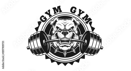 Aggressive Bulldog Mascot Logo Holding Barbell in Mouth - Vintage Monochrome Emblem for Gym, Fitness Club, and Weightlifting Apparel