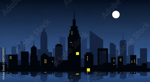 City Skyline at Night with Full Moon and Reflections