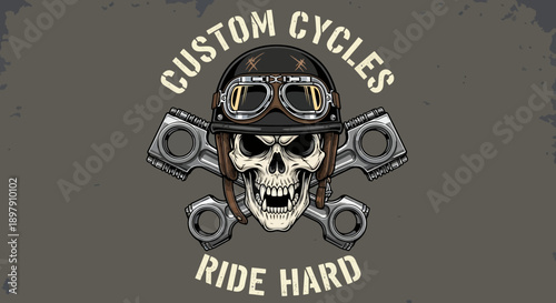 Konstfotografi Custom Cycles Biker Skull Emblem with Vintage Helmet, Goggles, and Crossed Pisto