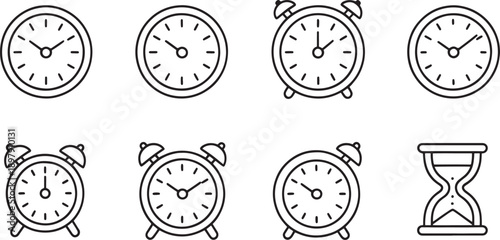 Eight diverse clock icons shown in outline style, featuring standard circular faces and traditional alarm clocks with bells.