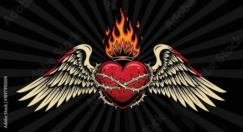 Burning Heart with Angel Wings, Barbed Wire, and Fire. Neo-Traditional Tattoo Style Vector Illustration on Dark Background.