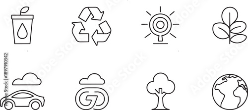A selection of minimalist line icons depicts environmental protection elements such as a reusable cup, recycling symbol, focused light, tree, and planet Earth.