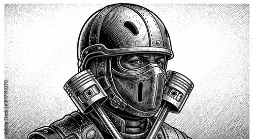 Mechanic Warrior: Post-Apocalyptic Portrait in Engraving Style. Gas Mask with Engine Piston Filters. Gritty Steampunk Illustration.