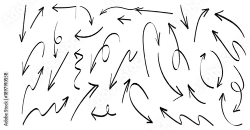 Hand drawn black arrows flying in multiple directions isolated on transparent background