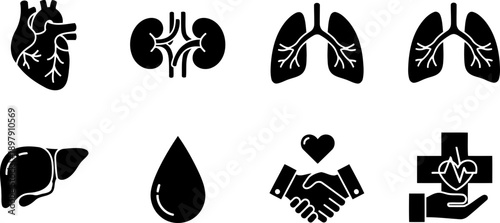 National Donor Day medical organ icons with handshake and blood drop