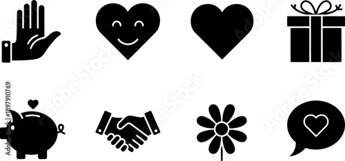 Random Acts of Kindness Week icon set with hearts, gift, and handshake