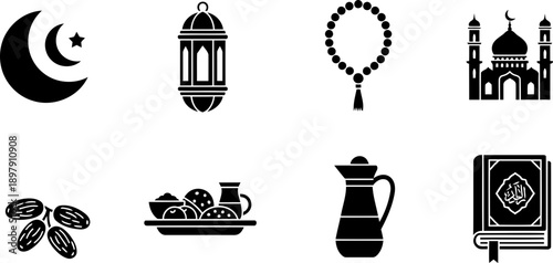 Ramadan icons set: mosque, crescent moon, dates, lantern