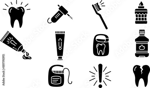 National Toothache Day dental care icons set