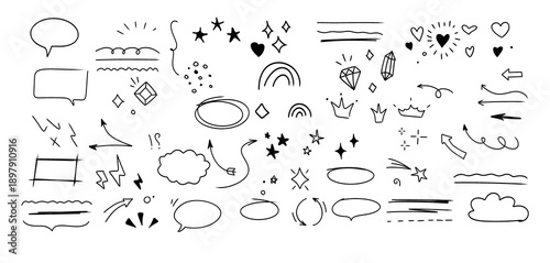 Collection of hand-drawn doodle icons and symbols set for design elements isolated on transparent background