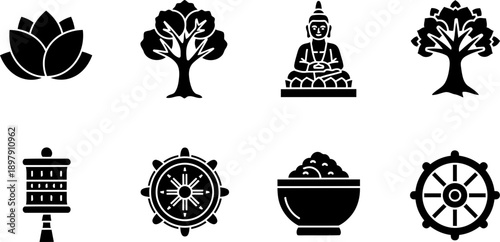 Parinirvana Day Buddhist symbols icon set for reflection