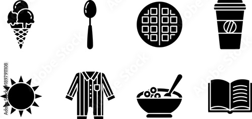 National Ice Cream for Breakfast Day icon set with coffee, sun, and pajamas