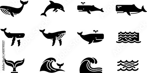 World Whale Day black and white icon set with whales and waves
