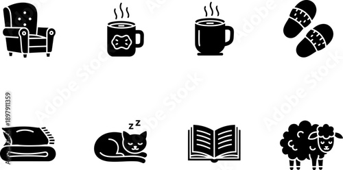 National Comfy Day cozy icon set with armchair, coffee, slippers, blanket, cat
