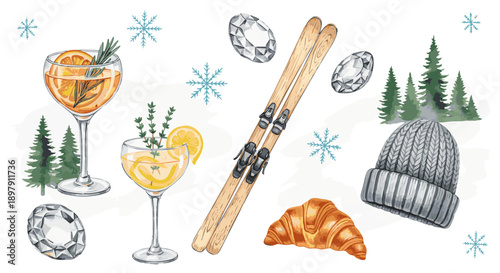 Watercolor collage featuring elegant winter cocktails with citrus slices, skis, snowflakes and forest silhouettes on clean white background with soft textures, travel branding	