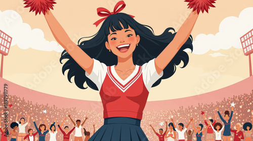 A vibrant cheerleader raises her pom-poms in a stadium filled with an excited crowd