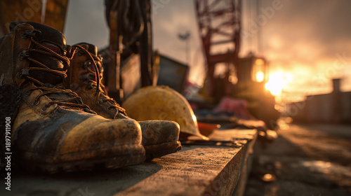Work boots and construction helmet on a construction site with sunlight
