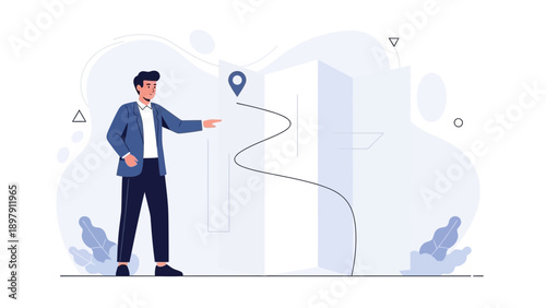 Man pointing to navigation route on abstract geometric building background