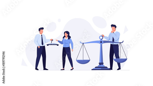 Business People Balancing Scales of Justice and Decision Making