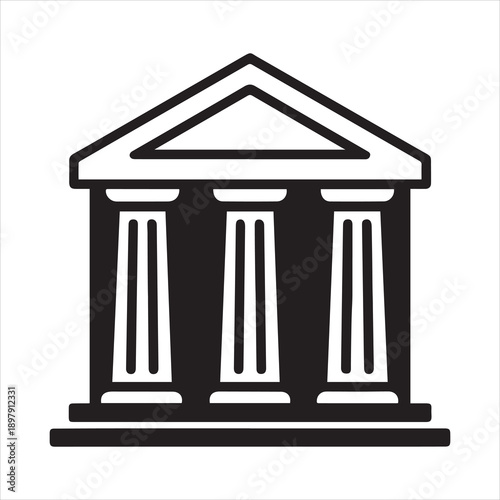 A simple black and white illustration of a building with columns