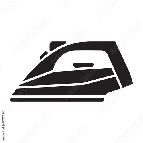 A black and white illustration of a modern electric iron on a plain background