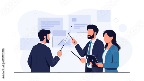 Business Team Discussing Strategy and Data Analysis in Modern Office