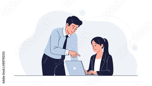 Mentor teaching employee on laptop, business collaboration, modern office illustration
