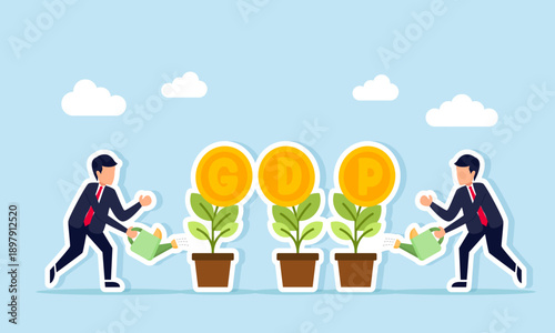Business people watering growing plants blooming coin symbols with GDP text illustrating efforts to increase gross domestic product
