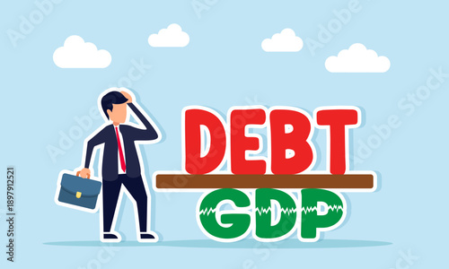 Worried businessman facing debt pressing down GDP board illustrating national debt burden exceeding gross domestic product
